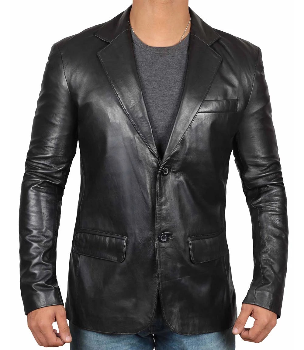 mens black leather blazer 