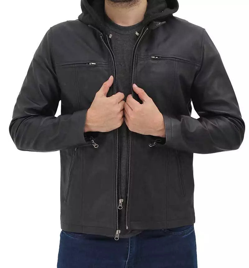 mens leather jacket with hood