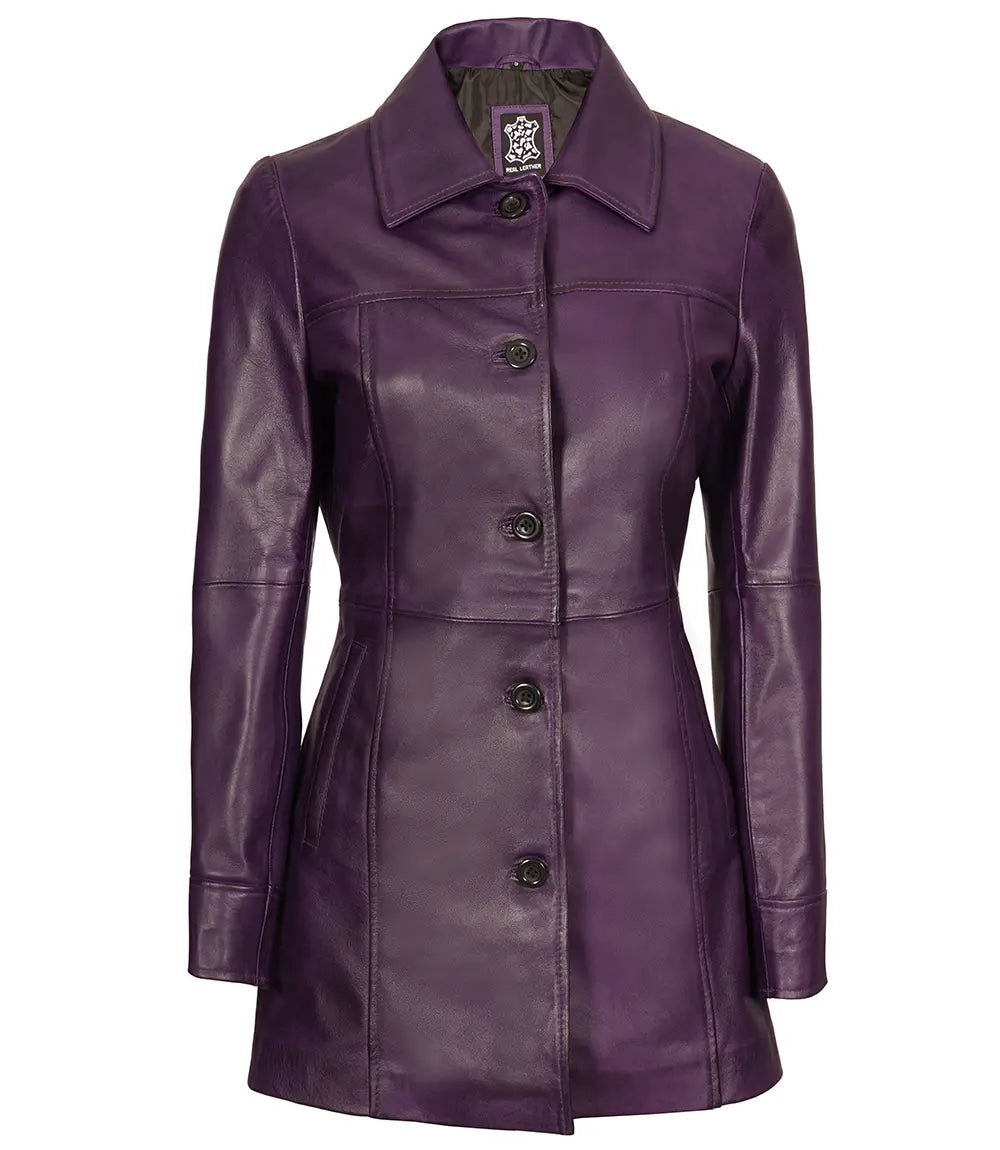 purple women leather coat