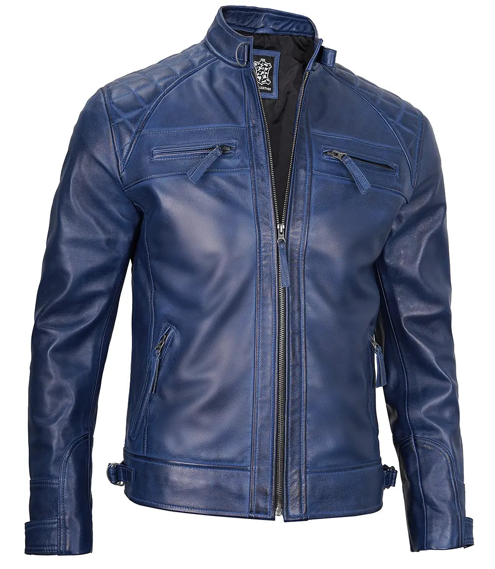 quilted mens blue leather jacket