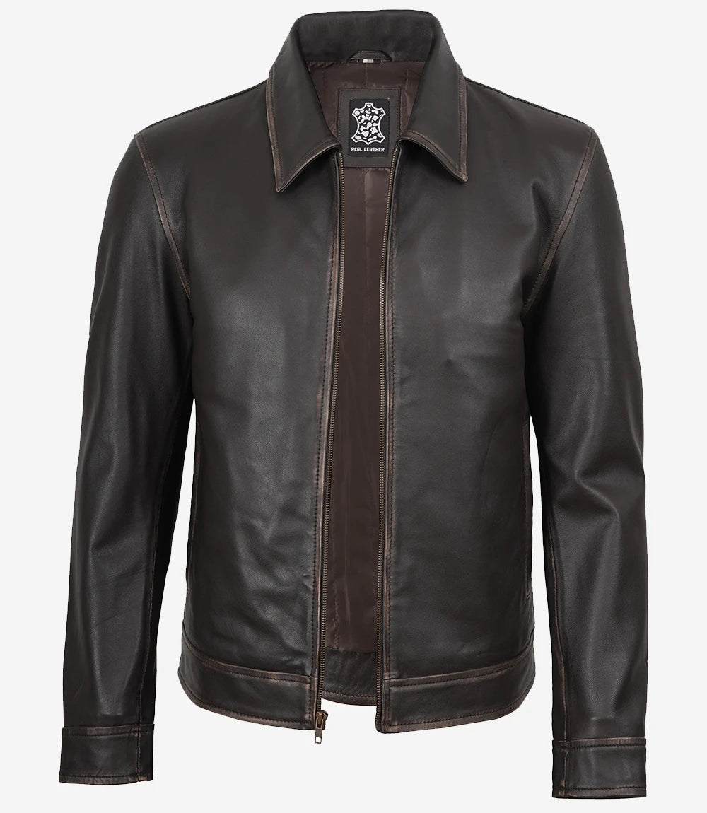 Mens Rub-Off Brown Harrington Leather Jacket - Front
