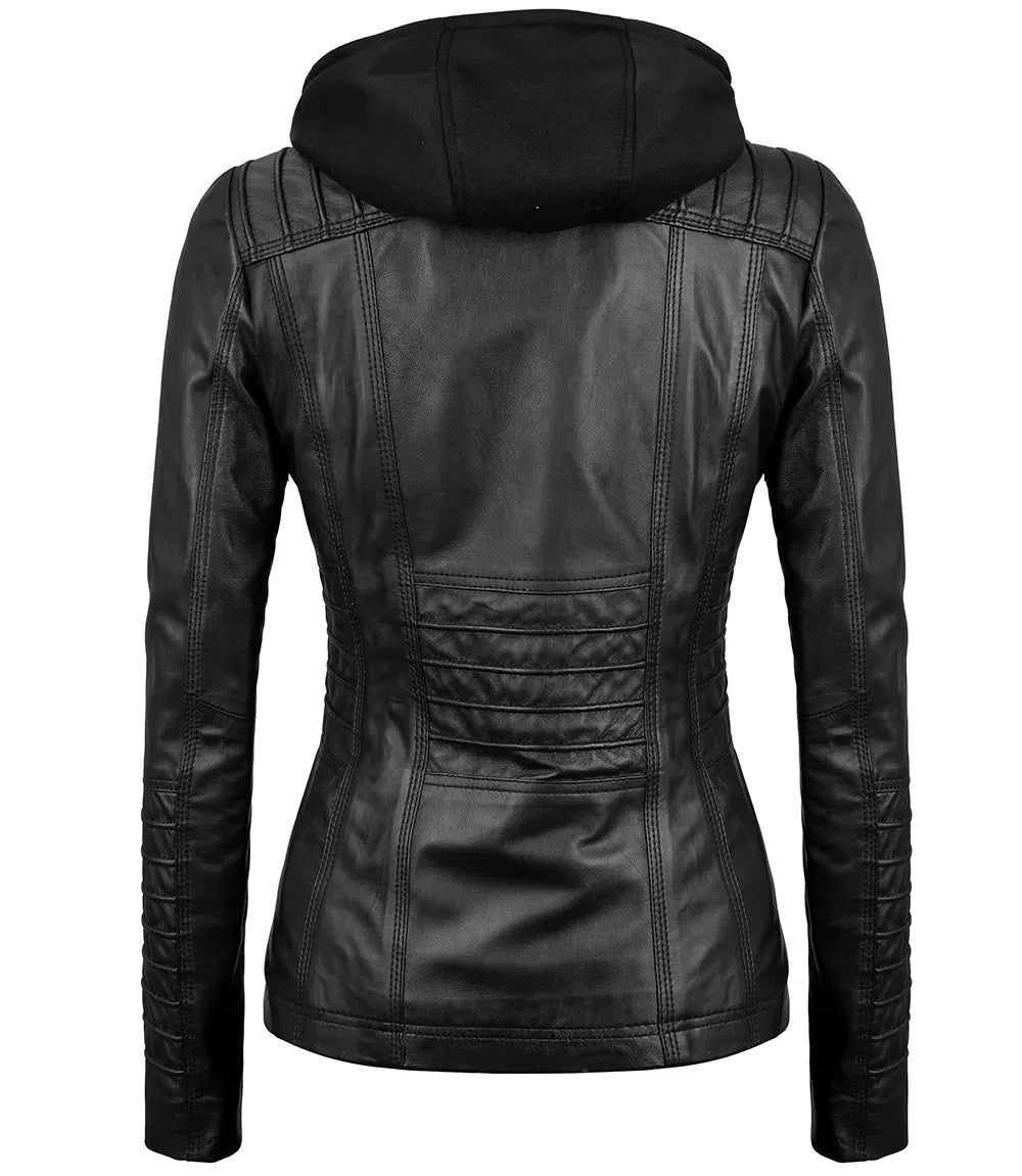 Women black hooded leather jacket