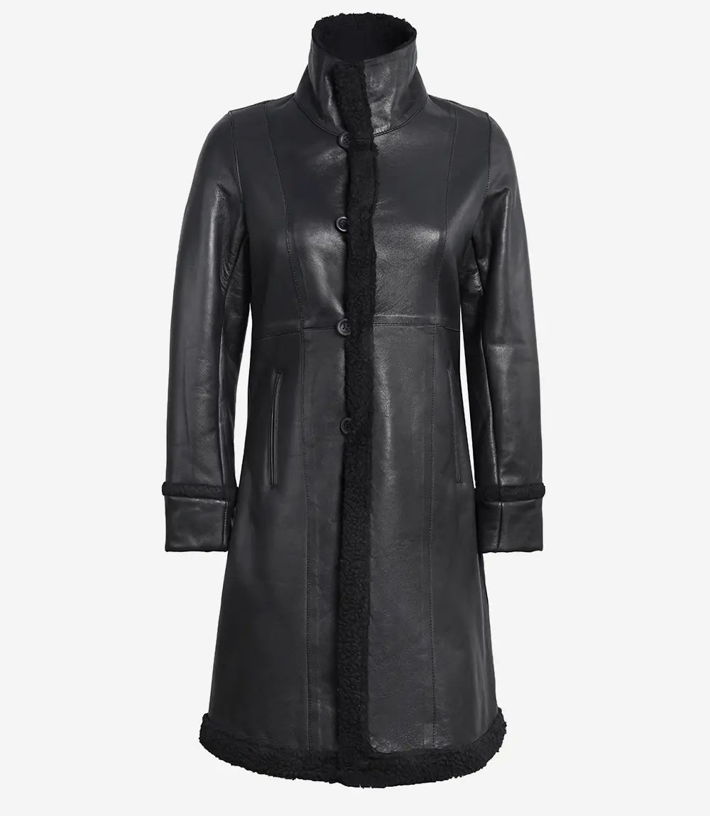 women black leather shearling coat