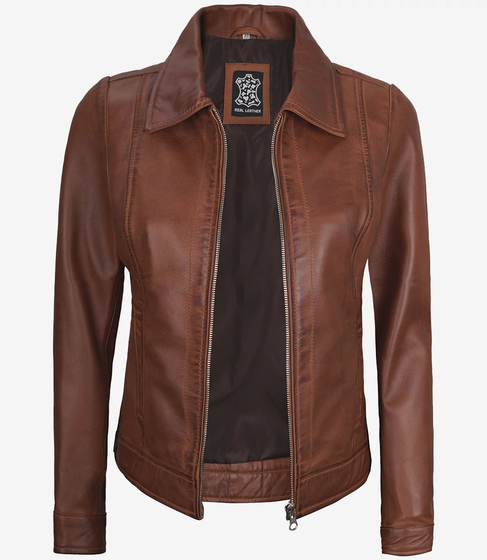 Brown leather jacket on a white background