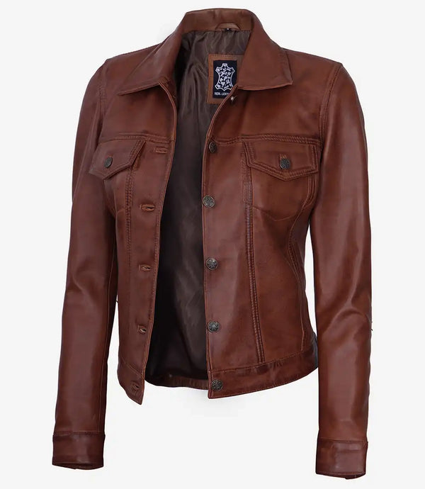 Veste camionneur en cuir marron cognac Fernando pour femme