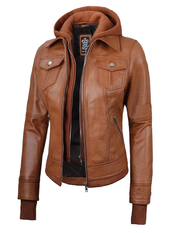 womens brown hooded leather jacket