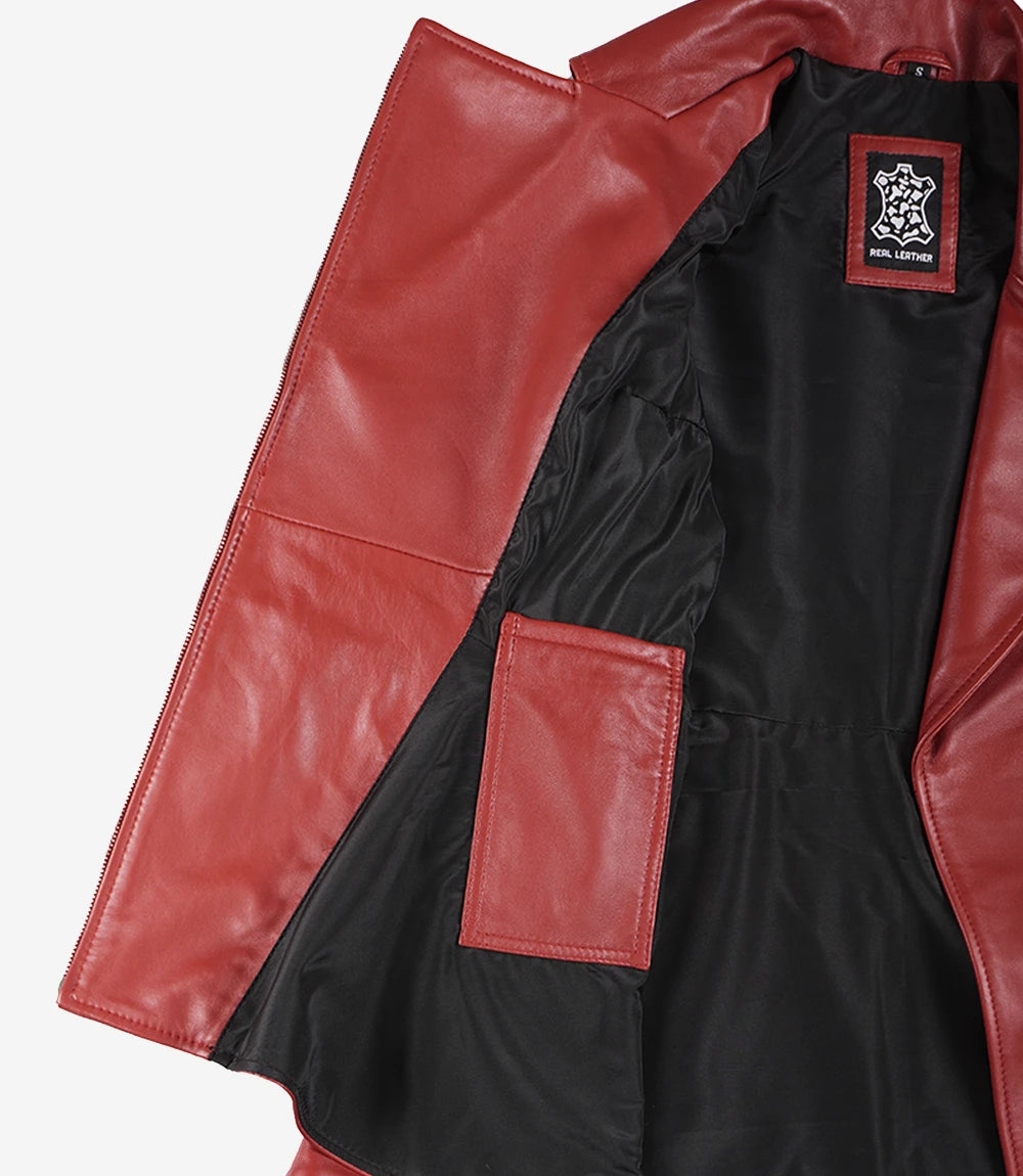 Close-up of a red and black leather jacket with a brand logo on a white background