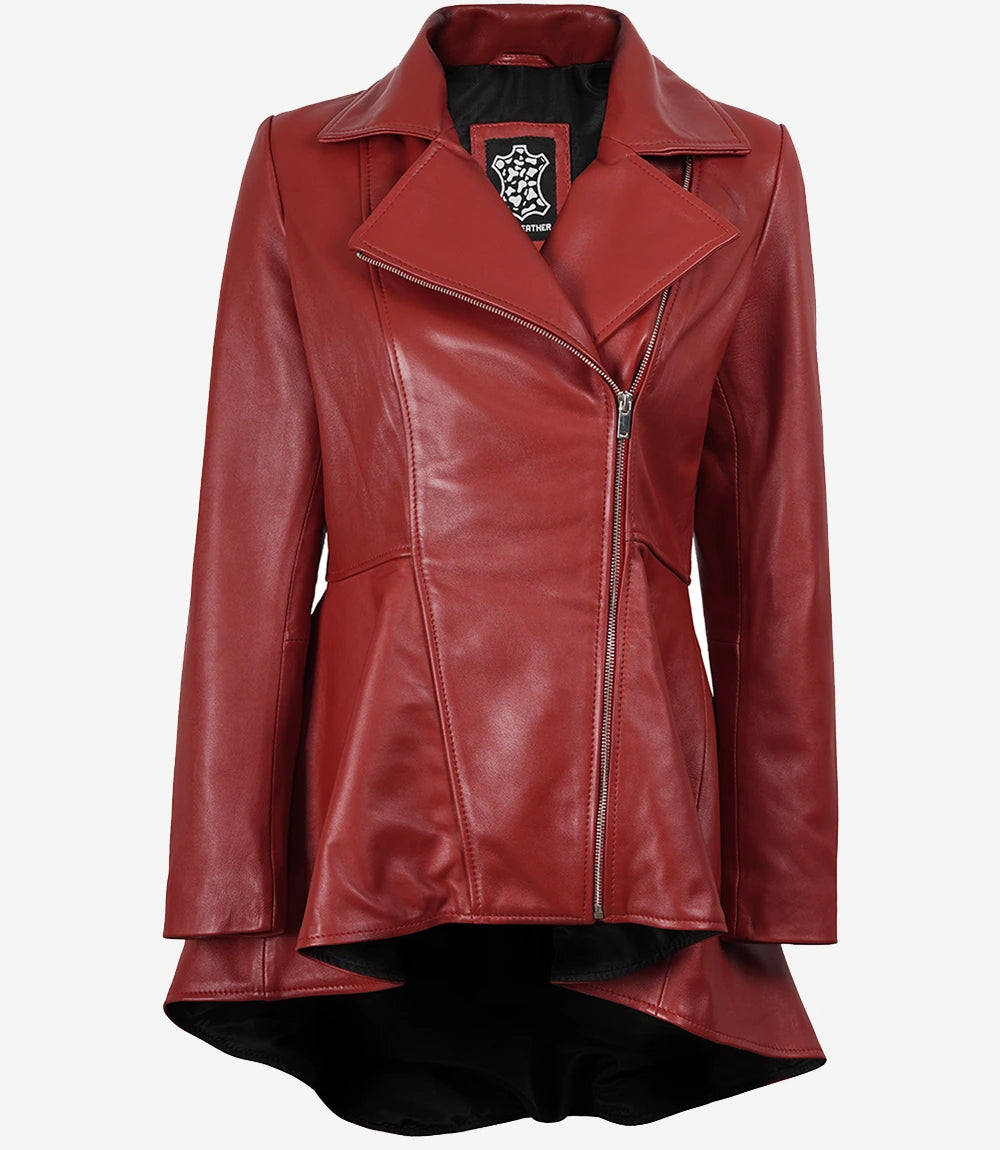 Red leather jacket with a high-low hem design on a white background