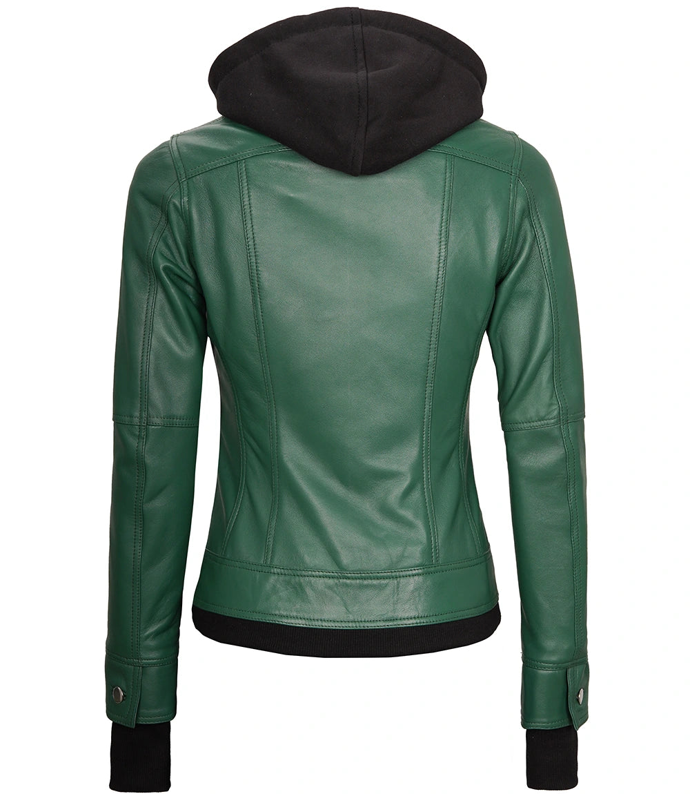 womens green hooded leather jacket