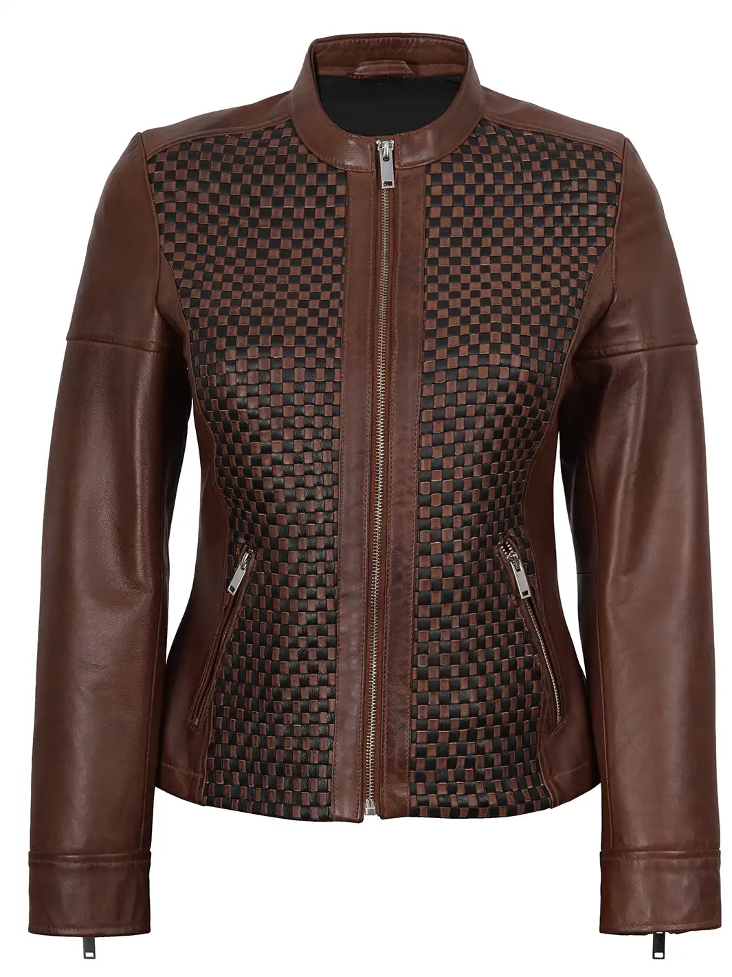 womens quilted brown textured leather moto jacket