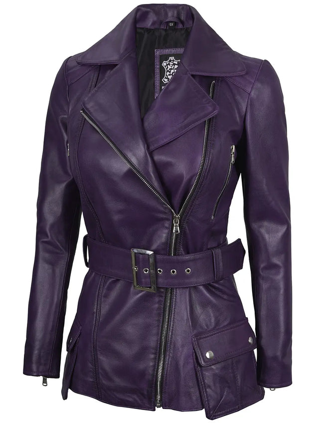 Asymmetrisk biker-skinnjacka lila (Femme)