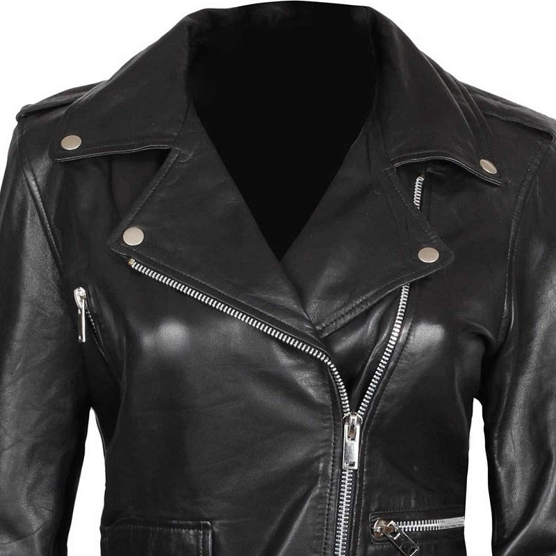 Amber Women Asymmetrical Black Biker Leather Jacket - Decrum