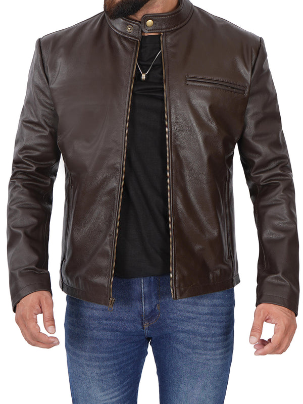 Mens Dark Brown Cowhide Leather Cafe Racer Jacket