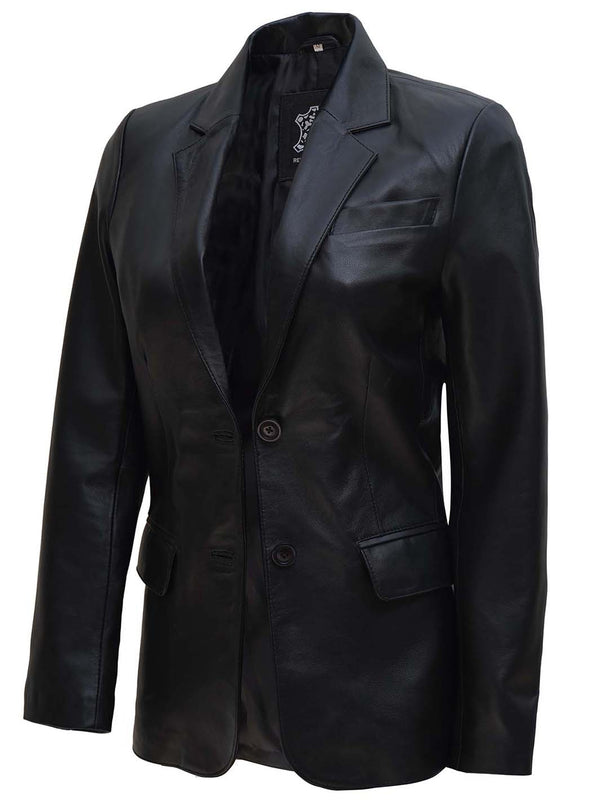 Womens Two Button Black Leather Blazer Jacket