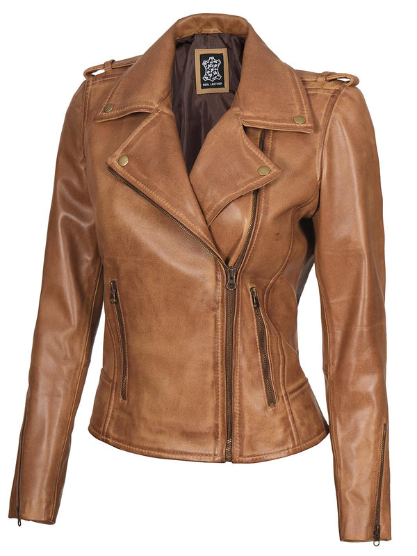 Kirsten Womens Asymmetrical Camel Brown Leather Jacket Decrum