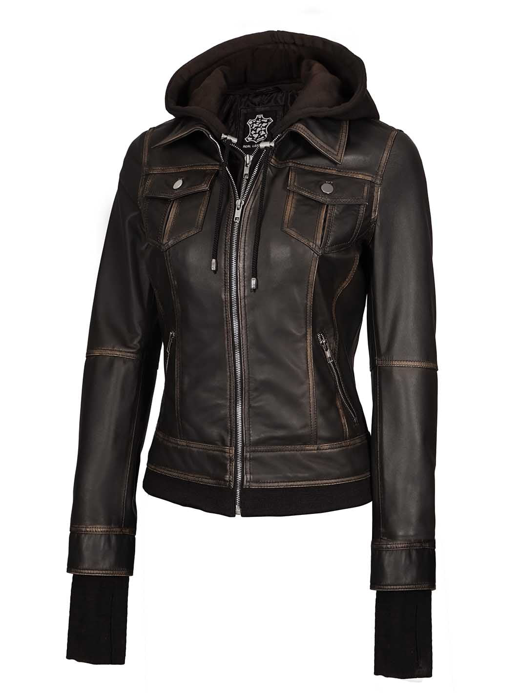 womens brown leather jacket with hood