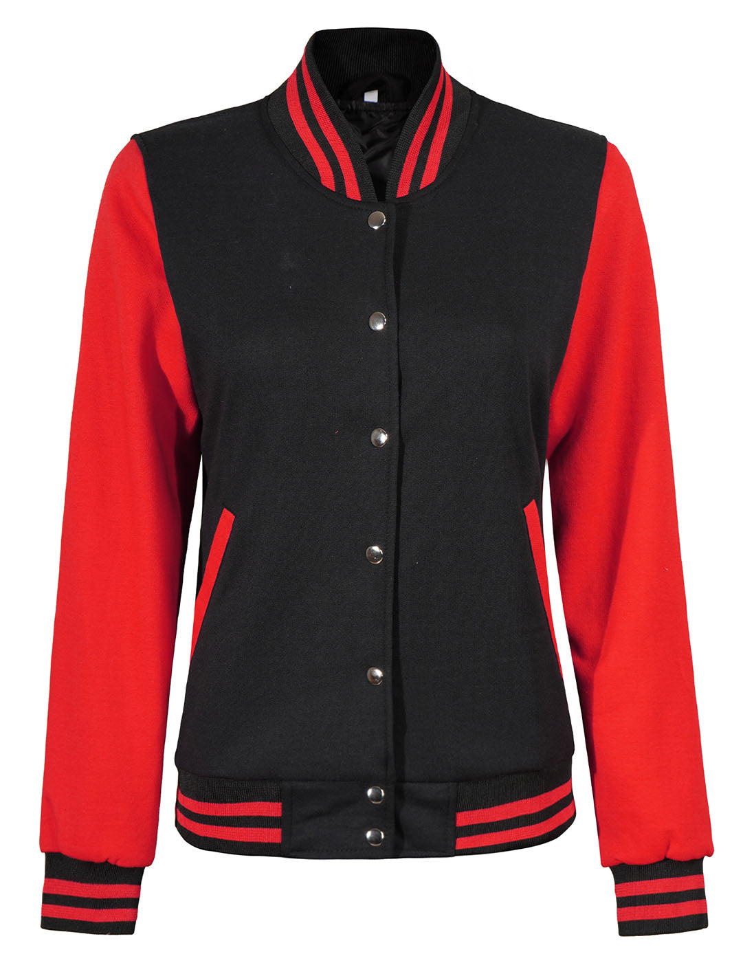 womens red and black varsity jacket