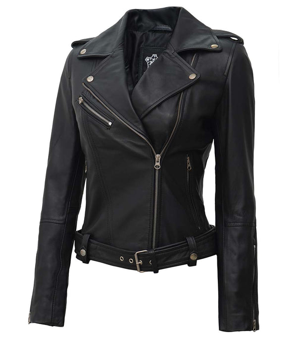 Womens Black Asymmetrical Biker Leather Jacket Decrum